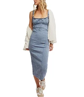 Free People Lucinda Gingham Plaid Square Neck Sleeveless Fitted Midi Dress