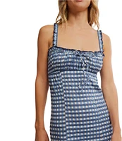 Free People Lucinda Gingham Plaid Square Neck Sleeveless Fitted Midi Dress