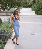 Free People Lucinda Gingham Plaid Square Neck Sleeveless Fitted Midi Dress