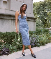 Free People Lucinda Gingham Plaid Square Neck Sleeveless Fitted Midi Dress