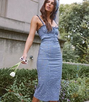 Free People Lucinda Gingham Plaid Square Neck Sleeveless Fitted Midi Dress