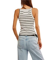 Free People Mia Striped Print Ribbed Knit High Square Neck Sleeveless Tank