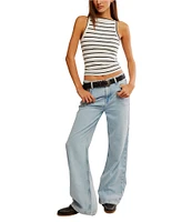Free People Mia Striped Print Ribbed Knit High Square Neck Sleeveless Tank