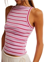 Free People Mia Striped Print Ribbed Knit High Square Neck Sleeveless Tank