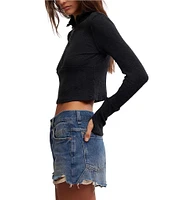 Free People Midnight Half Zip Point Collar Neck Long Sleeve Cropped Top