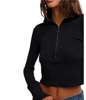 Free People Midnight Half Zip Point Collar Neck Long Sleeve Cropped Top