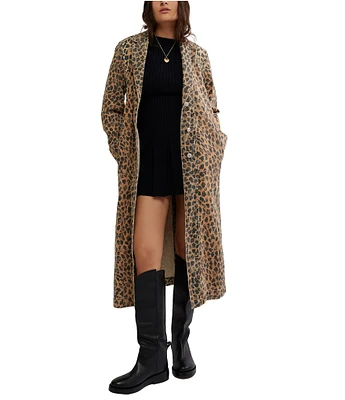 Free People Monique Denim Cheetah Print Notch Lapel Collar Neck Long Sleeve Button Front Duster Jacket