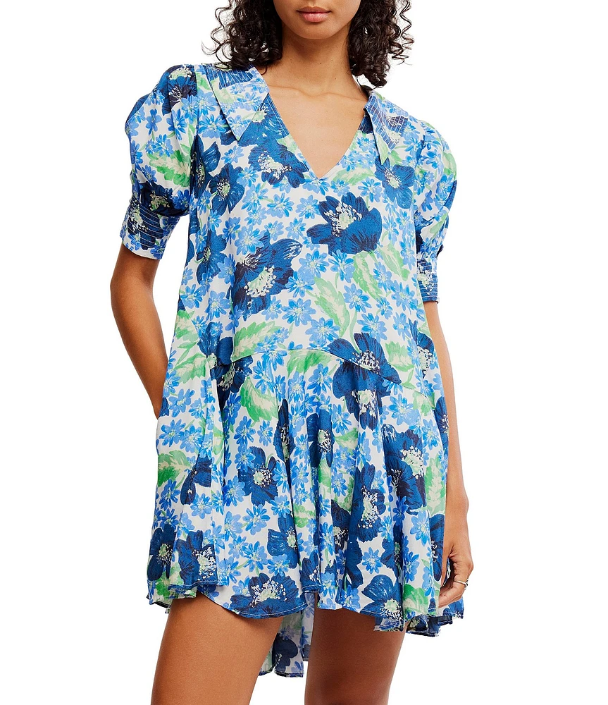 Free People Moon Chaser Floral Printed V-Neck Short Sleeve Mini Babydoll Dress