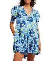 Free People Moon Chaser Floral Printed V-Neck Short Sleeve Mini Babydoll Dress