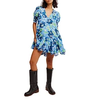 Free People Moon Chaser Floral Printed V-Neck Short Sleeve Mini Babydoll Dress