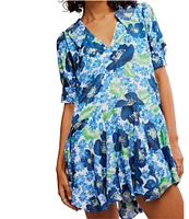 Free People Moon Chaser Floral Printed V-Neck Short Sleeve Mini Babydoll Dress