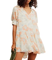 Free People Moon Chaser Floral Printed V-Neck Short Sleeve Mini Babydoll Dress