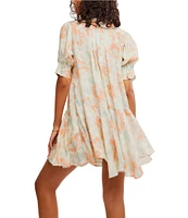 Free People Moon Chaser Floral Printed V-Neck Short Sleeve Mini Babydoll Dress