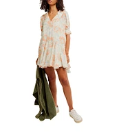 Free People Moon Chaser Floral Printed V-Neck Short Sleeve Mini Babydoll Dress