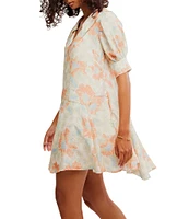 Free People Moon Chaser Floral Printed V-Neck Short Sleeve Mini Babydoll Dress