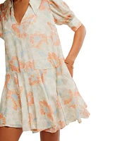 Free People Moon Chaser Floral Printed V-Neck Short Sleeve Mini Babydoll Dress