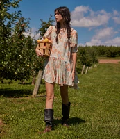 Free People Moon Chaser Floral Printed V-Neck Short Sleeve Mini Babydoll Dress
