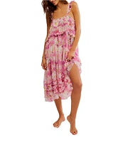 Free People Moon Phase Floral Sleeveless Square Neck Sheer Ruffled Midi Slip