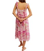 Free People Moon Phase Floral Sleeveless Square Neck Sheer Ruffled Midi Slip