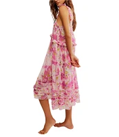 Free People Moon Phase Floral Sleeveless Square Neck Sheer Ruffled Midi Slip
