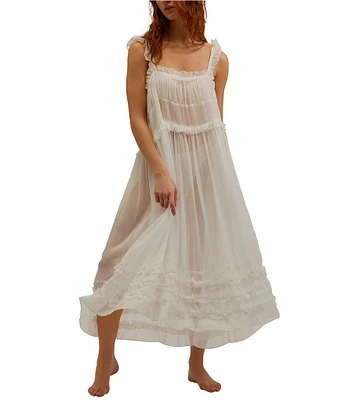 Free People Moon Phase Sleeveless Square Neck Sheer Ruffled Midi Slip