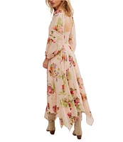 Free People Morning Glory Floral Print Scoop Neck Long Sleeve Smocked Maxi Dress