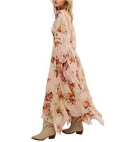 Free People Morning Glory Floral Print Scoop Neck Long Sleeve Smocked Maxi Dress