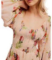 Free People Morning Glory Floral Print Scoop Neck Long Sleeve Smocked Maxi Dress