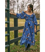 Free People Morning Glory Floral Print Scoop Neck Long Sleeve Smocked Maxi Dress