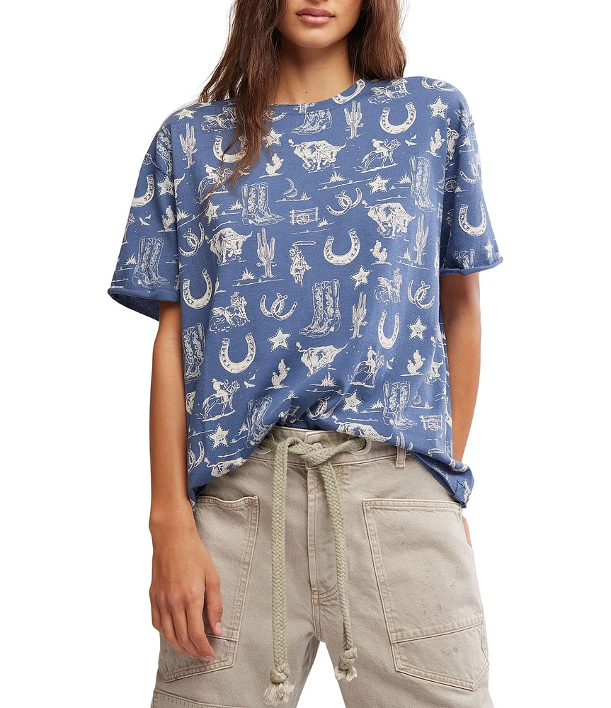 Free People Painted Floral Navy Western Printed Crew Neck Short Sleeve Tee