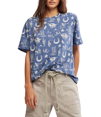 Free People Painted Floral Navy Western Printed Crew Neck Short Sleeve Tee