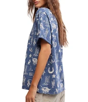 Free People Painted Floral Navy Western Printed Crew Neck Short Sleeve Tee