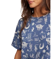 Free People Painted Floral Navy Western Printed Crew Neck Short Sleeve Tee