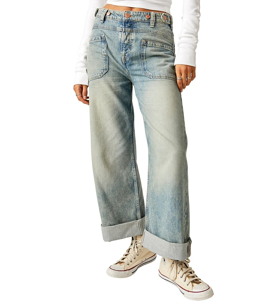 Free People Palmer Mid Rise Relaxed Button Waist Cuffed Jeans