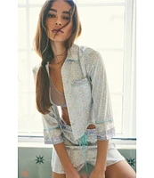 Free People Pillow Talk Floral Stripe Printed Button Front 3/4 Sleeve Satin Pajama Set