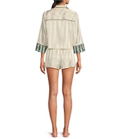 Free People Pillow Talk Floral Stripe Printed Button Front 3/4 Sleeve Satin Pajama Set