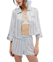 Free People Pillow Talk Floral Stripe Printed Button Front 3/4 Sleeve Satin Pajama Set