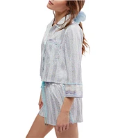 Free People Pillow Talk Floral Stripe Printed Button Front 3/4 Sleeve Satin Pajama Set