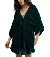 Free People Portia Velvet V-Neck 3/4 Sleeve Ruched Mini Dress