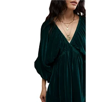 Free People Portia Velvet V-Neck 3/4 Sleeve Ruched Mini Dress