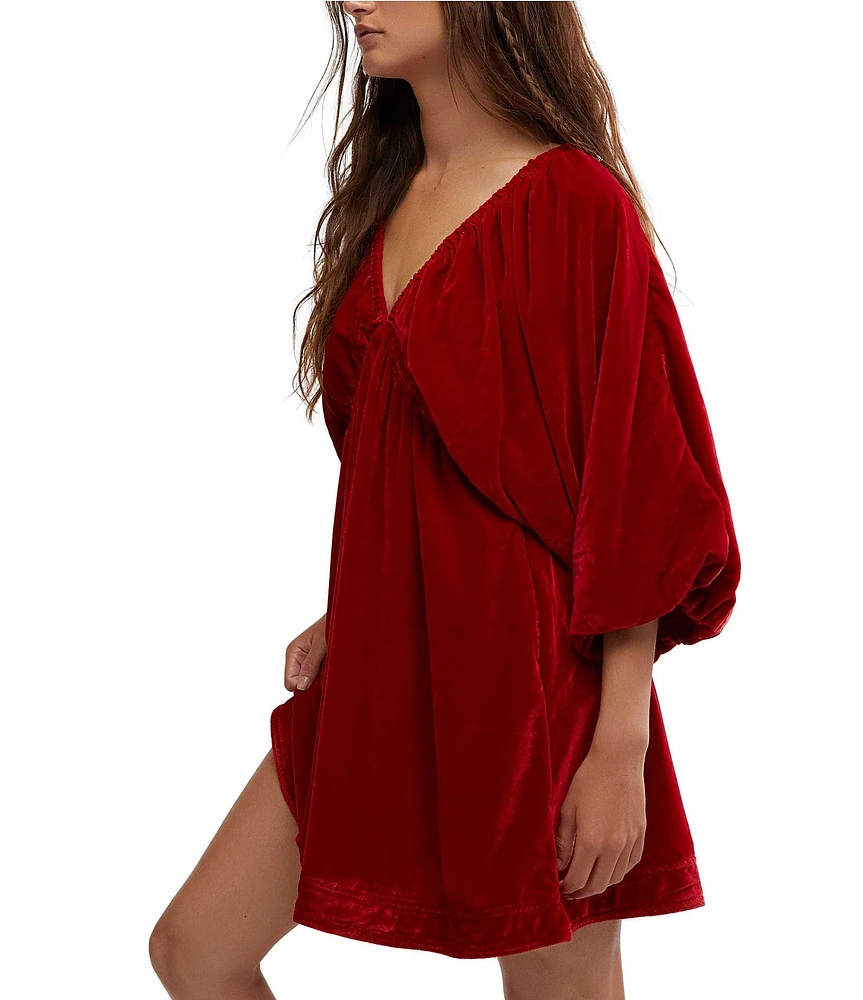 Free People Portia Velvet V-Neck 3/4 Sleeve Ruched Mini Dress