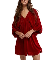 Free People Portia Velvet V-Neck 3/4 Sleeve Ruched Mini Dress