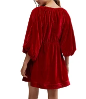 Free People Portia Velvet V-Neck 3/4 Sleeve Ruched Mini Dress