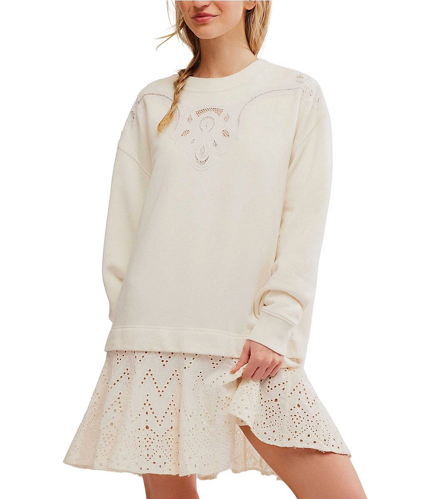 Free People Prairie Crew Neck Long Sleeve Eyelet Embroidered Sweatshirt