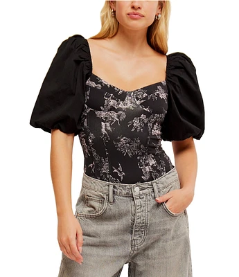 Free People Prairie Rose Print Sweetheart Neck Short Puff Sleeve Bodysuit