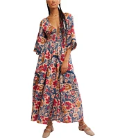 Free People Printed Dixie V Neck 3/4 Sleeve Maxi Dress