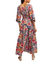 Free People Printed Dixie V Neck 3/4 Sleeve Maxi Dress