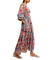 Free People Printed Dixie V Neck 3/4 Sleeve Maxi Dress