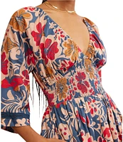 Free People Printed Dixie V Neck 3/4 Sleeve Maxi Dress