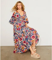 Free People Printed Dixie V Neck 3/4 Sleeve Maxi Dress